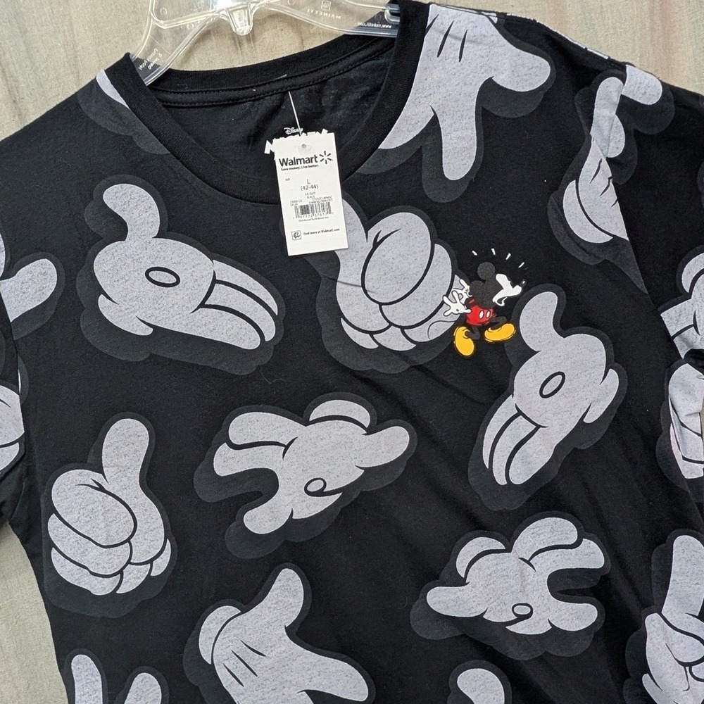 Disney Mickey Mouse All Over Print Gloved Hands Black T-Shirt Mens Large NWT